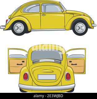 Set of color illustrations with yellow retro car. Isolated vector objects. Stock Vector