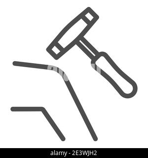 Human knee with medical hammer line icon, Heath care concept, checking knee reaction with hammer sign on white background, Medical reflex hammer icon Stock Vector