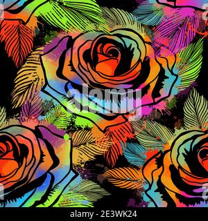 Multicolored roses seamless pattern. Vector illustration Stock Vector