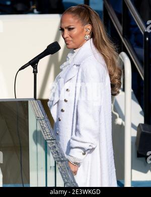 January 20, 2021, Washington, District of Columbia, USA: US Singer Jennifer Lopez performs before US President-elect Joe Biden is sworn in as the 46th US President on January 20, 2021, at the US Capitol in Washington, DC. - Biden, a 78-year-old former vice president and longtime senator, takes the oath of office at noon (1700 GMT) on the US Capitol's western front, the very spot where pro-Trump rioters clashed with police two weeks ago before storming Congress in a deadly insurrection  (Credit Image: © Saul Loeb - Pool Via Cnp/CNP via ZUMA Wire) Stock Photo