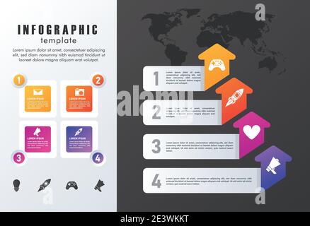 statistics infographics steps with arrows and squares in gray and black background vector illustration design Stock Vector