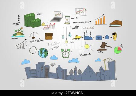 Infographics elements isolated on gray background. Business doodles, hand drawn Sketch illustration set. Lots of icons included graphs, stats, devices Stock Photo