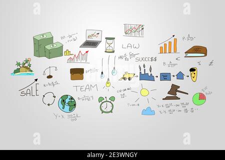 Business doodles hand drawn Sketch illustration set. Infographics elements isolated on gray. Lots of icons included graphs, stats, devices, formulas c Stock Photo