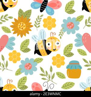 Seamless pattern with bee, flowers, honey Stock Vector