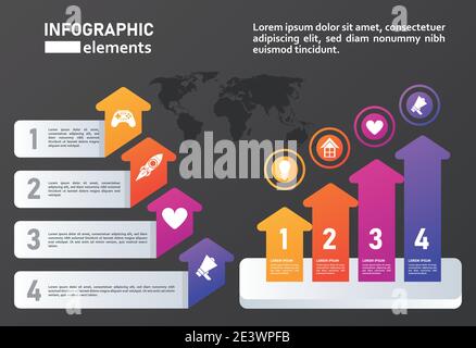 statistics infographics steps with arrows up in black background vector illustration design Stock Vector