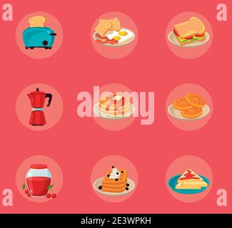 bundle of nine breakfast ingredients set icons vector illustration design Stock Vector