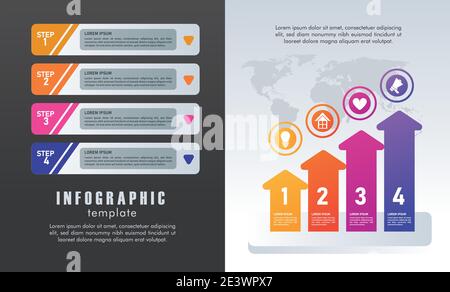 statistics infographics steps with numbers and arrows in gray and black background vector illustration design Stock Vector