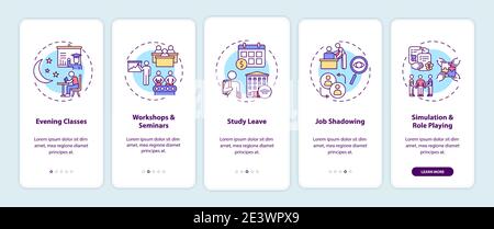 Staff training types onboarding mobile app page screen with concepts Stock Vector