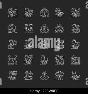 Company structure chalk white icons set on black background Stock Vector