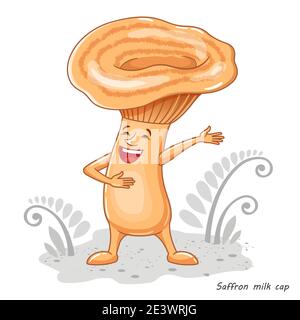 Vector mushroom isolated on white. Edible mushroom saffron milk cap. Print for childrens clothes Stock Vector