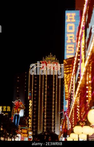 Colorful neon signs on Fremont Street near the Union Plaza Hotel in downtown Las Vegas, Nevada Stock Photo