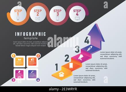 statistics infographics steps with arrows up in gray and black background vector illustration design Stock Vector