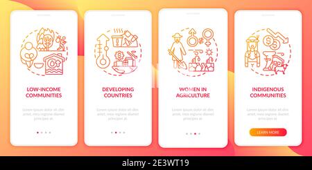Climate poverty risk groups onboarding mobile app page screen with concepts Stock Vector