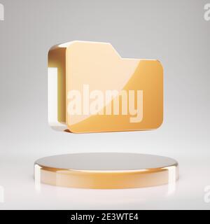 Folder icon. Yellow Gold Folder symbol on golden podium. 3D rendered Social Media Icon. Stock Photo
