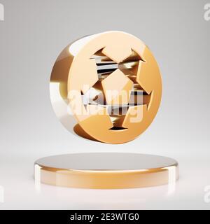 Soccer Ball icon. Yellow Gold Soccer Ball symbol on golden podium. 3D rendered Social Media Icon. Stock Photo