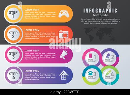 statistics infographics steps with numbers and maps in gray and black background vector illustration design Stock Vector