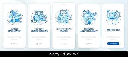 Cost reduction strategies onboarding mobile app page screen with concepts Stock Vector