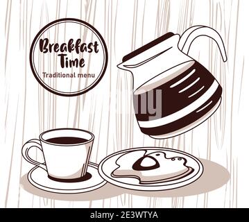 breakfast time lettering in circular frame poster with coffee and egg fried vector illustration design Stock Vector