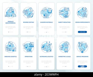 Value chain components onboarding mobile app page screen with concepts set Stock Vector