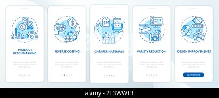 Cost reduction strategies onboarding mobile app page screen with concepts Stock Vector