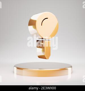 Map Pin icon. Yellow Gold Map Pin symbol on golden podium. 3D rendered Social Media Icon. Stock Photo
