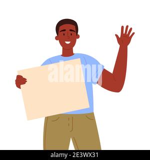 Man holding a blank poster with place for text.  Stock Vector