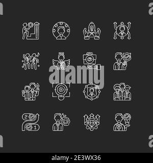 Core values chalk white icons set on black background Stock Vector