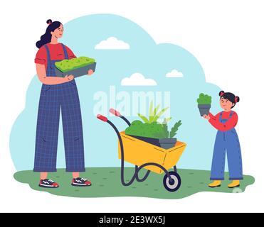Mom and daughter in the garden. Stock Vector