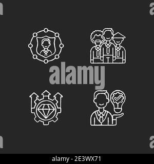 Corporate values chalk white icons set on black background Stock Vector