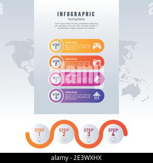 statistics infographics steps with earth maps in gray background vector illustration design Stock Vector