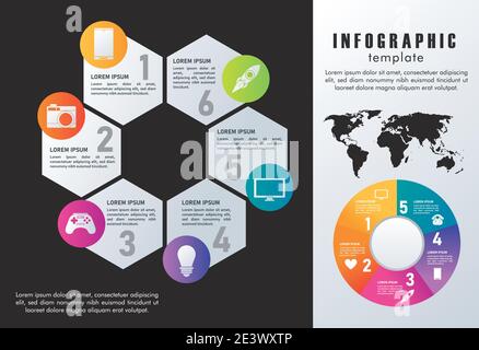 statistics infographics steps with eart planet maps in gray and black background vector illustration design Stock Vector