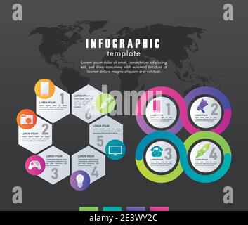 statistics infographics steps with earth maps in black background vector illustration design Stock Vector