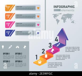 statistics infographics steps with arrow up and earth maps in gray background vector illustration design Stock Vector