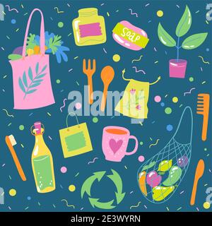 Seamless pattern background with ecological symbols on dark background Stock Vector