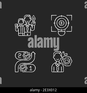 Company values chalk white icons set on black background Stock Vector