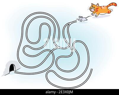 Simple maze game for kids and children. cat is chasing a small mouse or mice Stock Vector