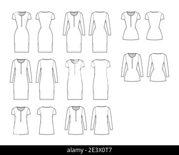 Set of Shirt dresses technical fashion illustration with henley neck, long, short sleeves, knee length, oversized, fitted body. Flat apparel template front, back, white color. Women, men, CAD mockup Stock Vector