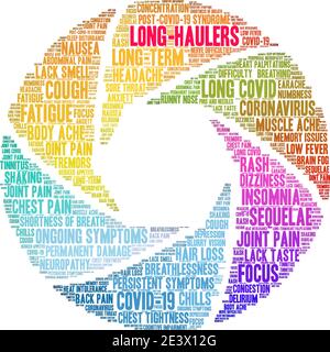 Long-Haulers word cloud on a white background. Stock Vector