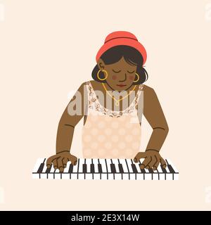 Woman musician. The girl is a pianist. A black woman in a hat plays the piano. Vector illustration isolated on white background. Stock Vector