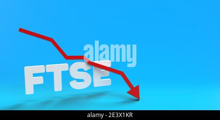 On 3D rendered degradation blue background the letters FTSE are written in white bold. A red falling arrow is mowing downwards as a sign of financial Stock Photo