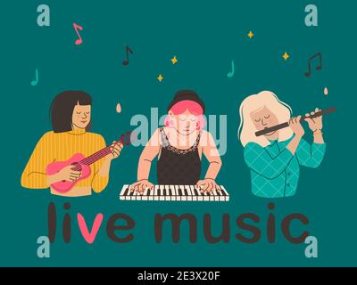 Lettering live music and women musicians. Vector illustration for invitation, greeting card or banner of the festival. Stock Vector