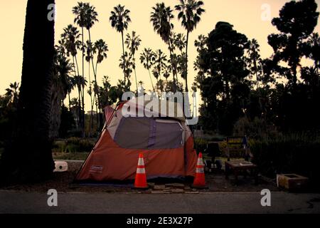 Camping Tent at Echo Park Lake Los Angeles, CA During Covid-19 Pandemic December 2020 Stock Photo