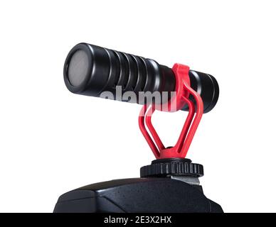 Professional Cardioid Directional Condenser Video Microphone black color attach on DSRL camera isolated on white with clipping path Stock Photo