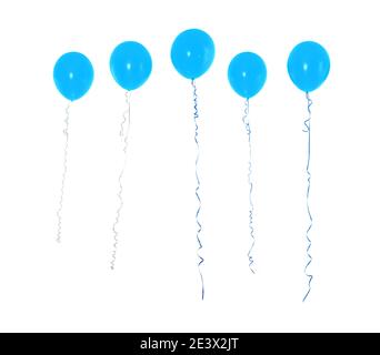 Five blue helium balloons with curly ribbons floating in a row isolated on white background Stock Photo
