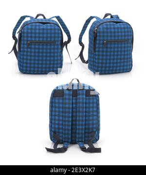 Blue checkered backpack isolated on wthie with different angle Stock Photo