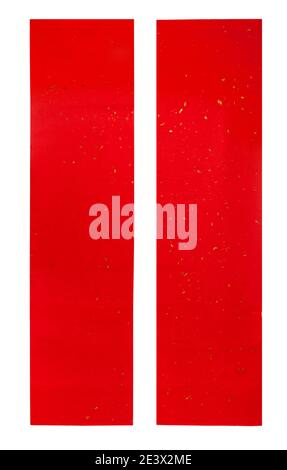 Blank red Chinese spring festival couplets mockup with gold speckles isolated on white background Stock Photo