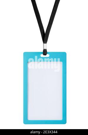 Blank bagde mockup isolated on white. Plain empty name tag mock up hanging on neck with string. Nametag with black ribbon plastic paper holder. Stock Photo