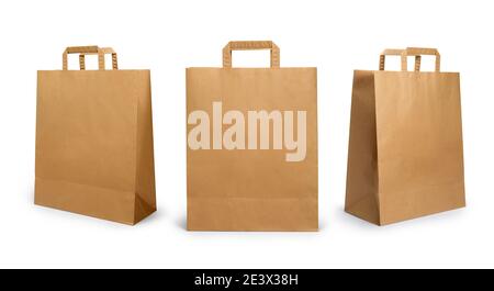 Folded paper bag with handle isolated on white background Stock Photo