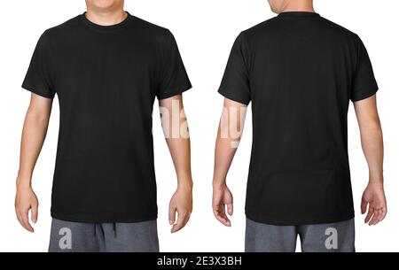 Black t-shirt on a young man isolated on white background. Front and back view. Stock Photo