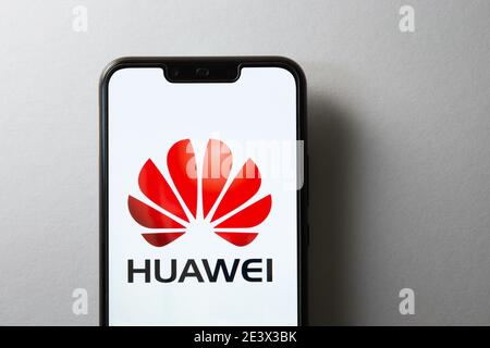 Malaysia, Kuala Lumpur - May 29, 2019: Huawei logo on screen of Huawei Nova 3i. Huawei Technologies Co., Ltd. is a Chinese multinational networking an Stock Photo